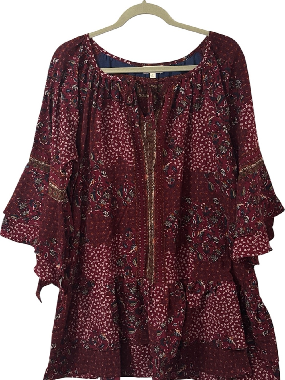 Umgee Burgundy Paisley Tiered Dress Flare Ruffle Bell Sleeve Lg Festival Peasant